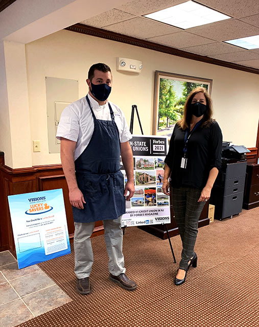 Martin, Winner of the Chopped competition at Sussex County Day, is pictured at the Visions Randolph office with Mary, Visions Business Development Officer.