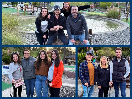 Three teams of Visions employees pose at Chuckster's Mini Golf for the United Way Emerging Leaders Society's Annual Mini Golf Tournament.