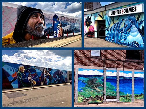 Four murals are pictured from around the Broome County area as part of the iDistrict Murals & Mosaic Project.