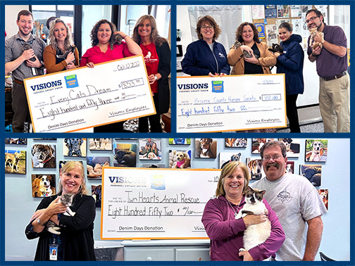 Visions employees and staff from various animal rescue organizations smile with tiny furry friends and giant Denim Days checks.