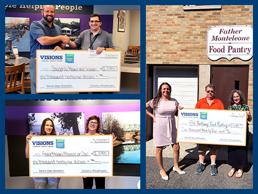 A collage of photos showing three different organizations receiving giant check donations that will allow them to continue to fight hunger in the areas we serve.