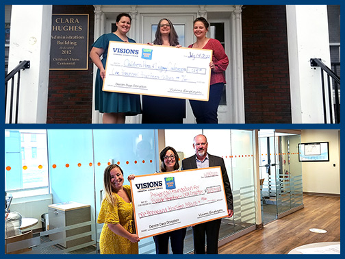 Pictured are Visions Community Development Liaisons Sarah and Jocelyn presenting jumbo Denim Days checks with organizations that support mental health services.