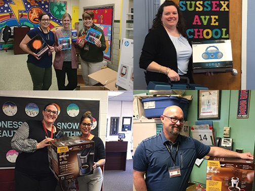 A collage of several educators from the Morris County school district with their gifts, courtesy of the Visions Loves Educators campaign.