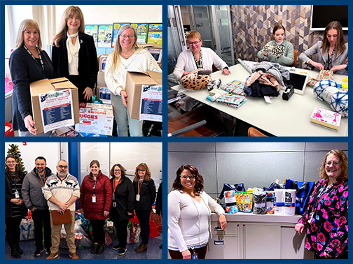 A collage of four pictures showing Visions staff in our regions at various giveback or donation efforts.