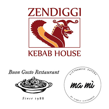 Zendiggi Kebab House, Buon Gusto, and Ma Mi Eatery logos.