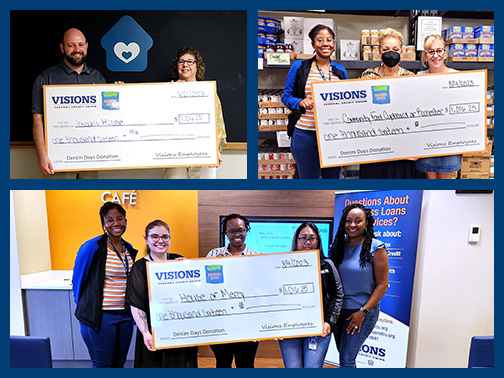 Visions employees pictured across three different locations with large donation checks in hand with organization representatives.