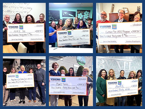 Visions employees and group representatives pictured across a collage of six photos smiling and holding large checks.