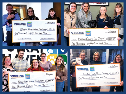 Four separate photos of different check presentations to organizations the provide animal related services. All representatives are holding a large check and smiling, with two of the photos containing cats and dogs.