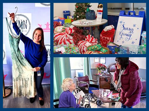 A collage of photos, including Sarah (Community Development Liaison) posing with her prom dress in front of a Worth More Nation graphic, gifts of various shapes and sizes in front of our Giving Tree, and a Riverside Manor resident receiving a Christmas card from an employee.