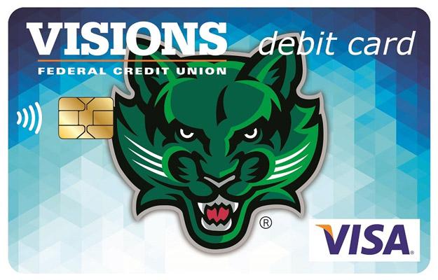 A debit card with the BU bearcat mascot on it