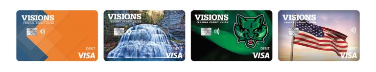 4 debit card designs: Default, Waterfall, Bearcat, and Americana