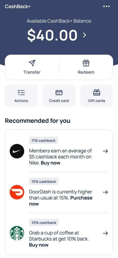 Example of CashBack Plus Dashboard on a mobile screen