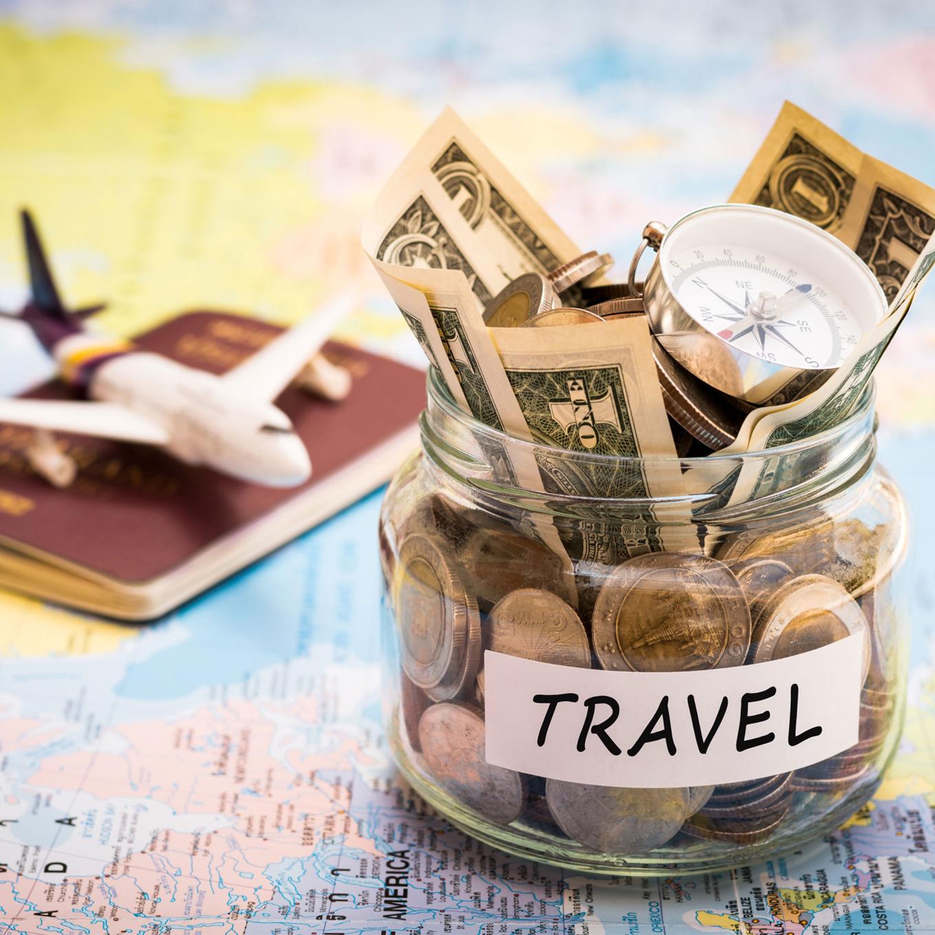 Image of plane and saved money for travel budgeting
