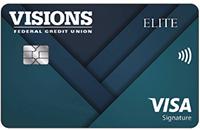 Visions Elite Visa Signature credit card is has a blue and green geometric background and comes with a chip and RFID.